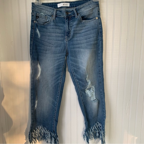 Kancan Distressed Blue Jeans (Size 7/27) 5 pockets with ragged/shredded hem - Picture 2 of 10